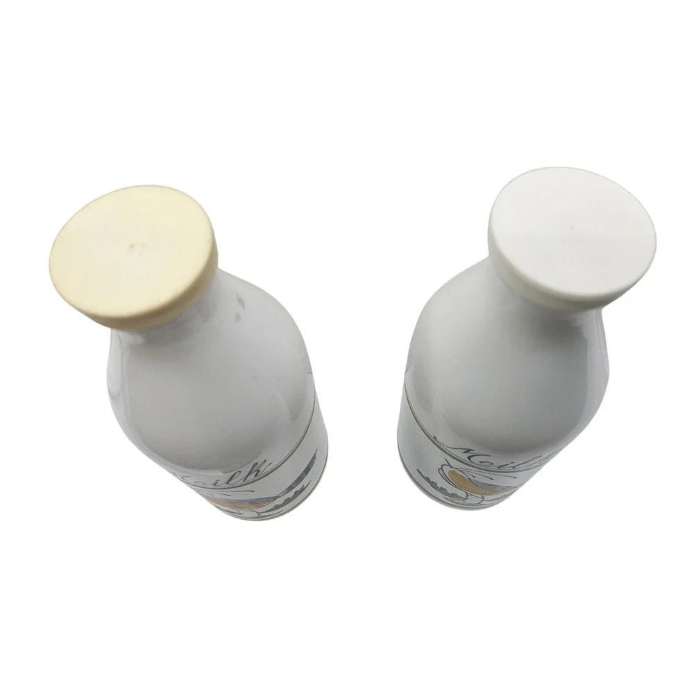 Vintage Milk Glass Bottles Set of 2 Bird Motif Farmhouse Decor White Green‎